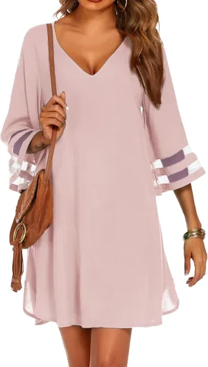 Ekouaer Women's Swimsuit Cover Up 3/4 Bell Sleeve Beachwear Coverups Deep V-Neck Bikini Beach Dress S-3XL