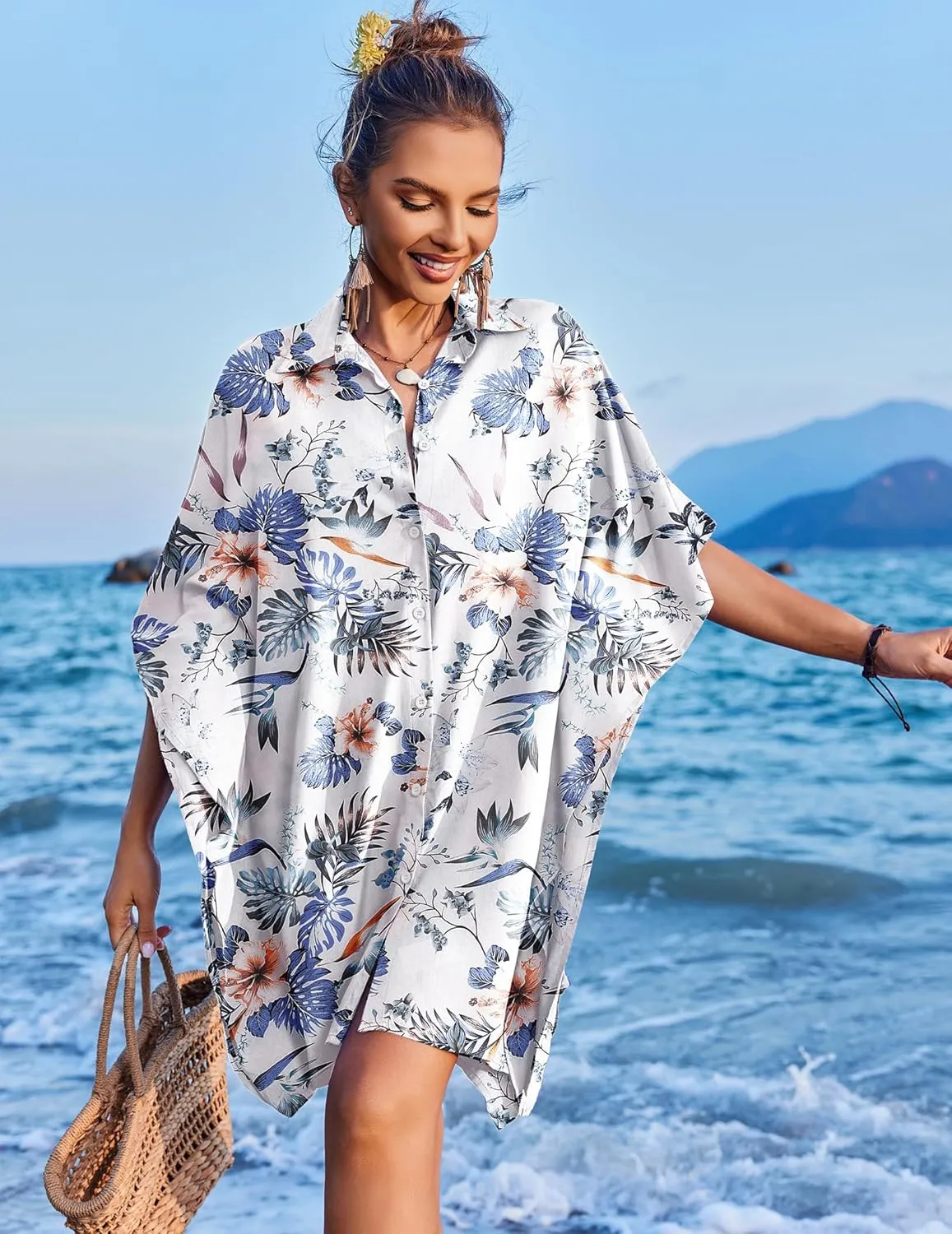 Ekouaer Women's Swimsuit Cover Up 3/4 Sleeve Beachwear Bikini Coverups Button Down Oversized Cover Up Shirt S-3XL