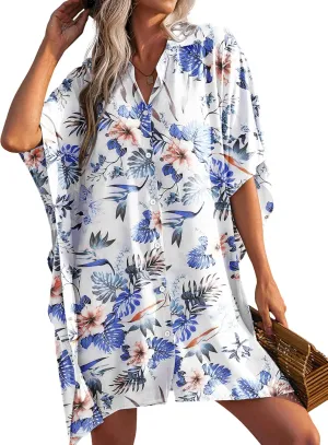 Ekouaer Women's Swimsuit Cover Up 3/4 Sleeve Beachwear Bikini Coverups Button Down Oversized Cover Up Shirt S-3XL