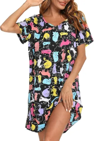 ENJOYNIGHT Nightgown for Women Cotton Short Sleeve Nightshirts Casual Print Sleepwear