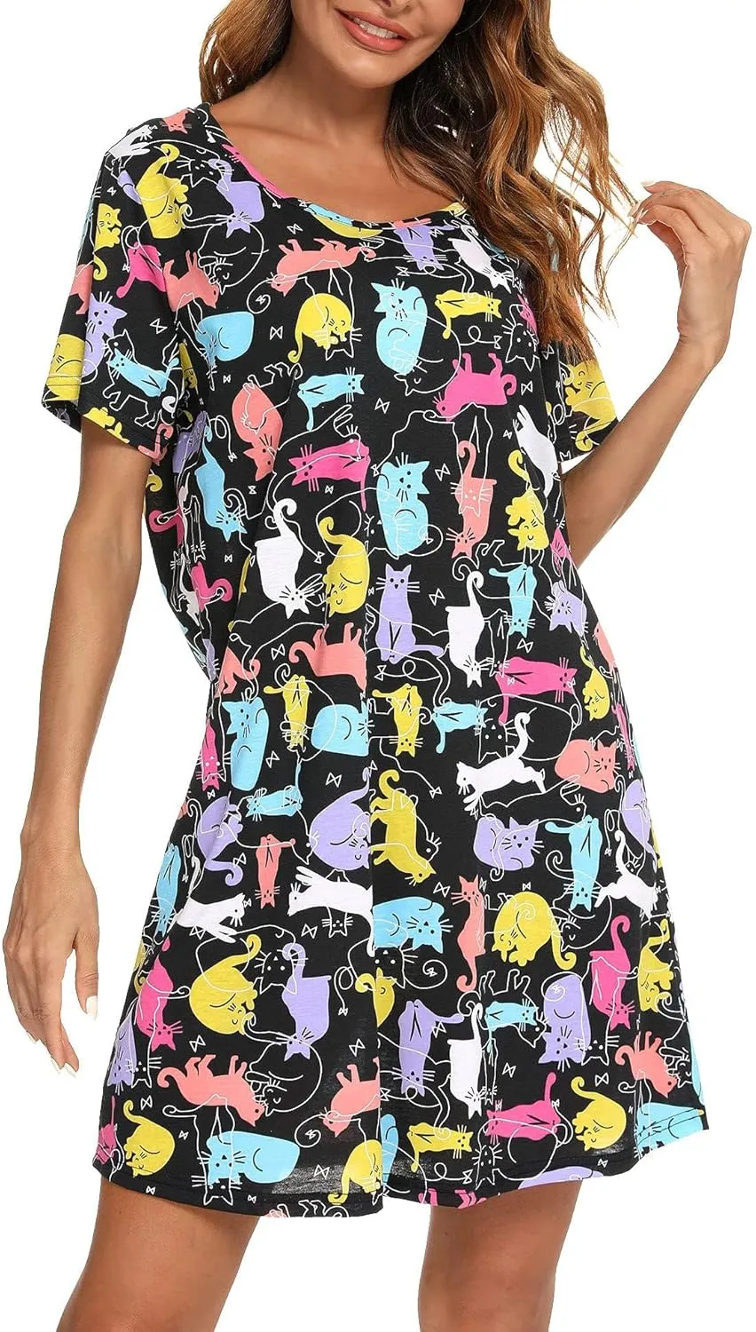 ENJOYNIGHT Nightgown for Women Cotton Short Sleeve Nightshirts Casual Print Sleepwear