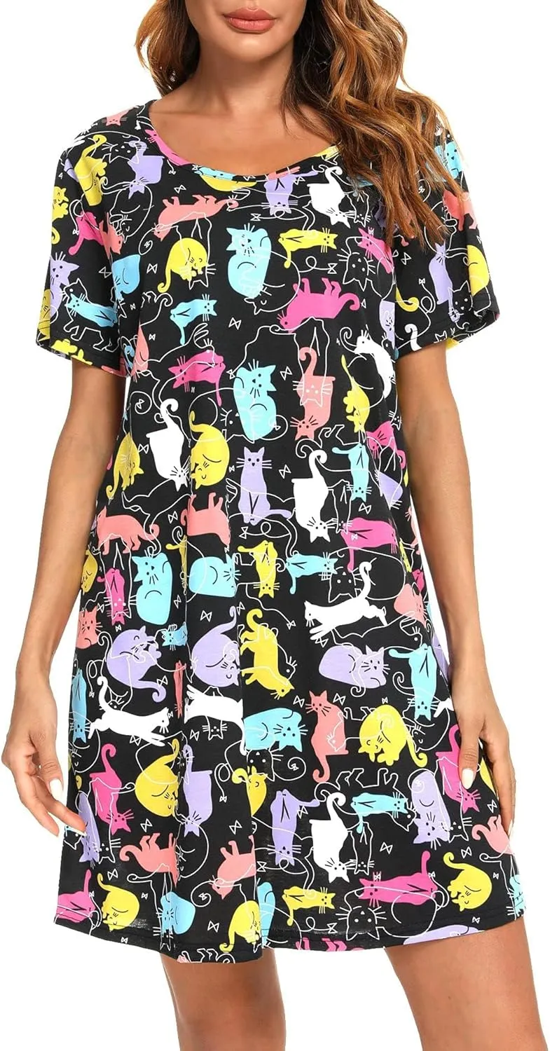 ENJOYNIGHT Nightgown for Women Cotton Short Sleeve Nightshirts Casual Print Sleepwear