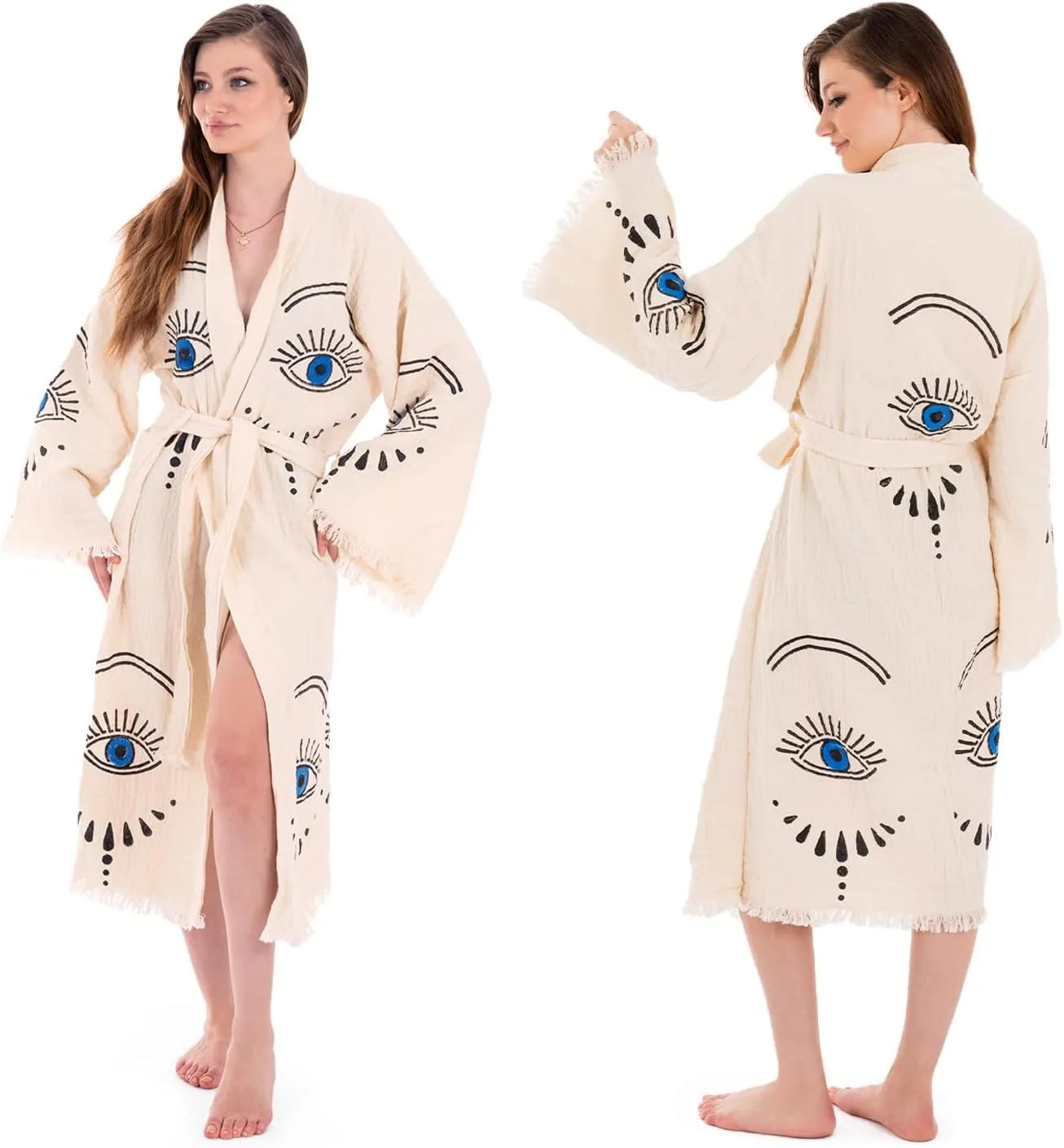 Evil Eye Kimono, Women Cotton Robe, Boho Cardigan, Beach Cover up, Lightweight, Towel Muslin Breathable, Fabric Belted Dressing Caftan For Spa Pool Bath Gym