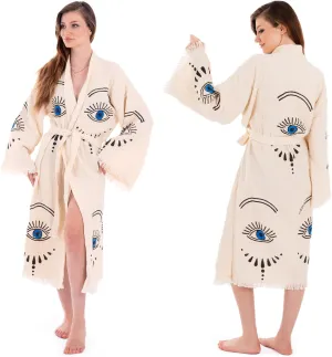 Evil Eye Kimono, Women Cotton Robe, Boho Cardigan, Beach Cover up, Lightweight, Towel Muslin Breathable, Fabric Belted Dressing Caftan For Spa Pool Bath Gym