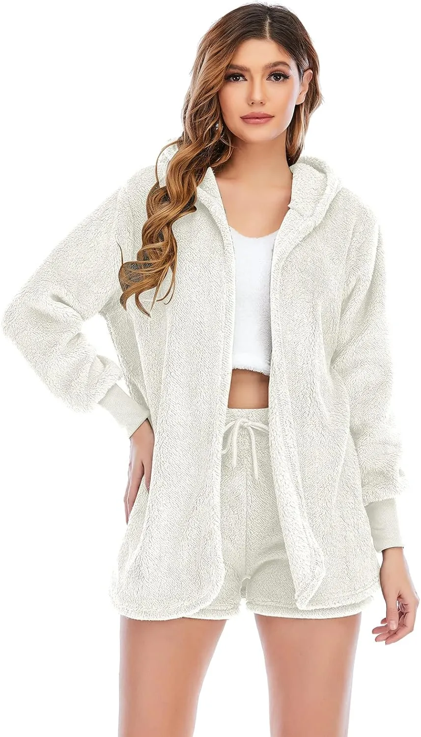Famnbro Women's Sexy Fuzzy 3 Piece Outfits Fleece Warm Hooded Cardigan Crop Top Shorts Set Pajamas Loungewear