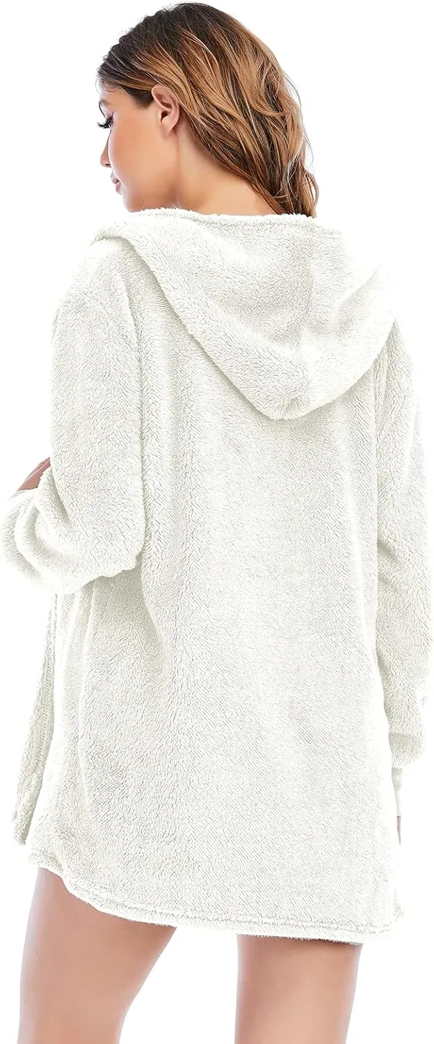 Famnbro Women's Sexy Fuzzy 3 Piece Outfits Fleece Warm Hooded Cardigan Crop Top Shorts Set Pajamas Loungewear