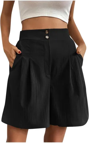 fanmpghleoo Linen Shorts for Women Dressy Casual Pleated Mid Thigh High Waisted Shorts Business Wide Leg Linen Dress Pants