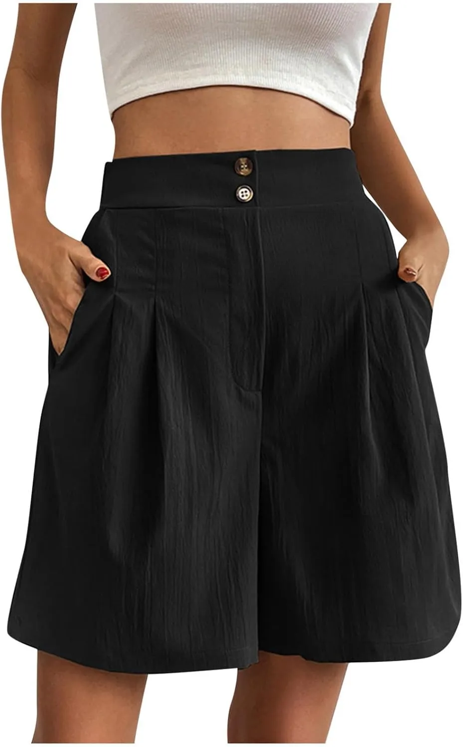 fanmpghleoo Linen Shorts for Women Dressy Casual Pleated Mid Thigh High Waisted Shorts Business Wide Leg Linen Dress Pants