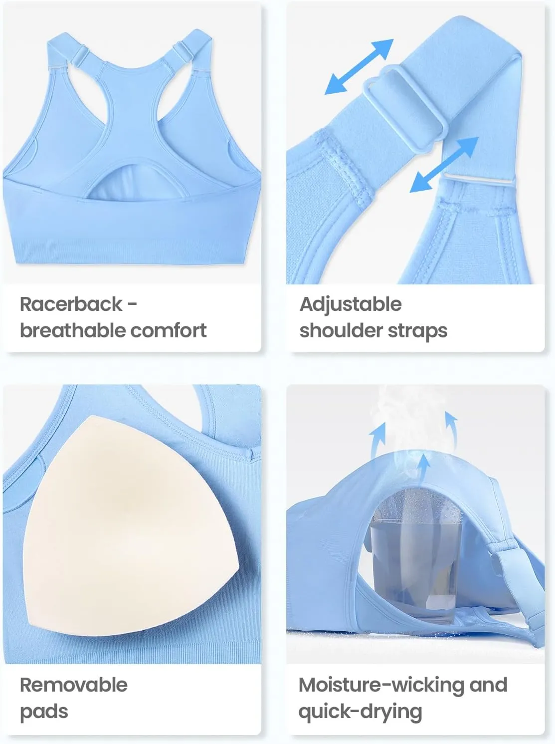 FITTIN Sports Bras Pack for Women: Padded Support Adjustable Strap Racerback Bra for Workout Gym Yoga Large Bust