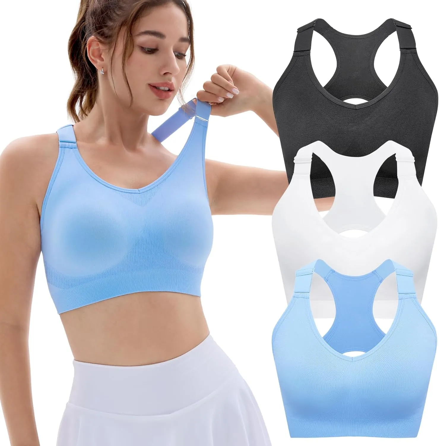 FITTIN Sports Bras Pack for Women: Padded Support Adjustable Strap Racerback Bra for Workout Gym Yoga Large Bust