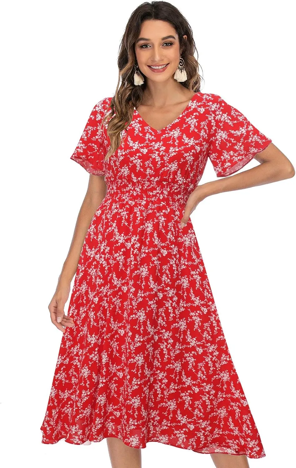 Gardenwed Chiffon Floral Dresses Summer Sun Beach Dresses for Women with Elastic Waist