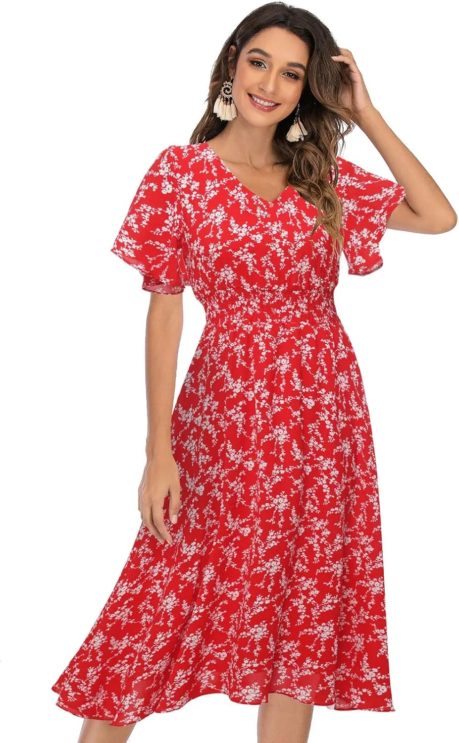Gardenwed Chiffon Floral Dresses Summer Sun Beach Dresses for Women with Elastic Waist