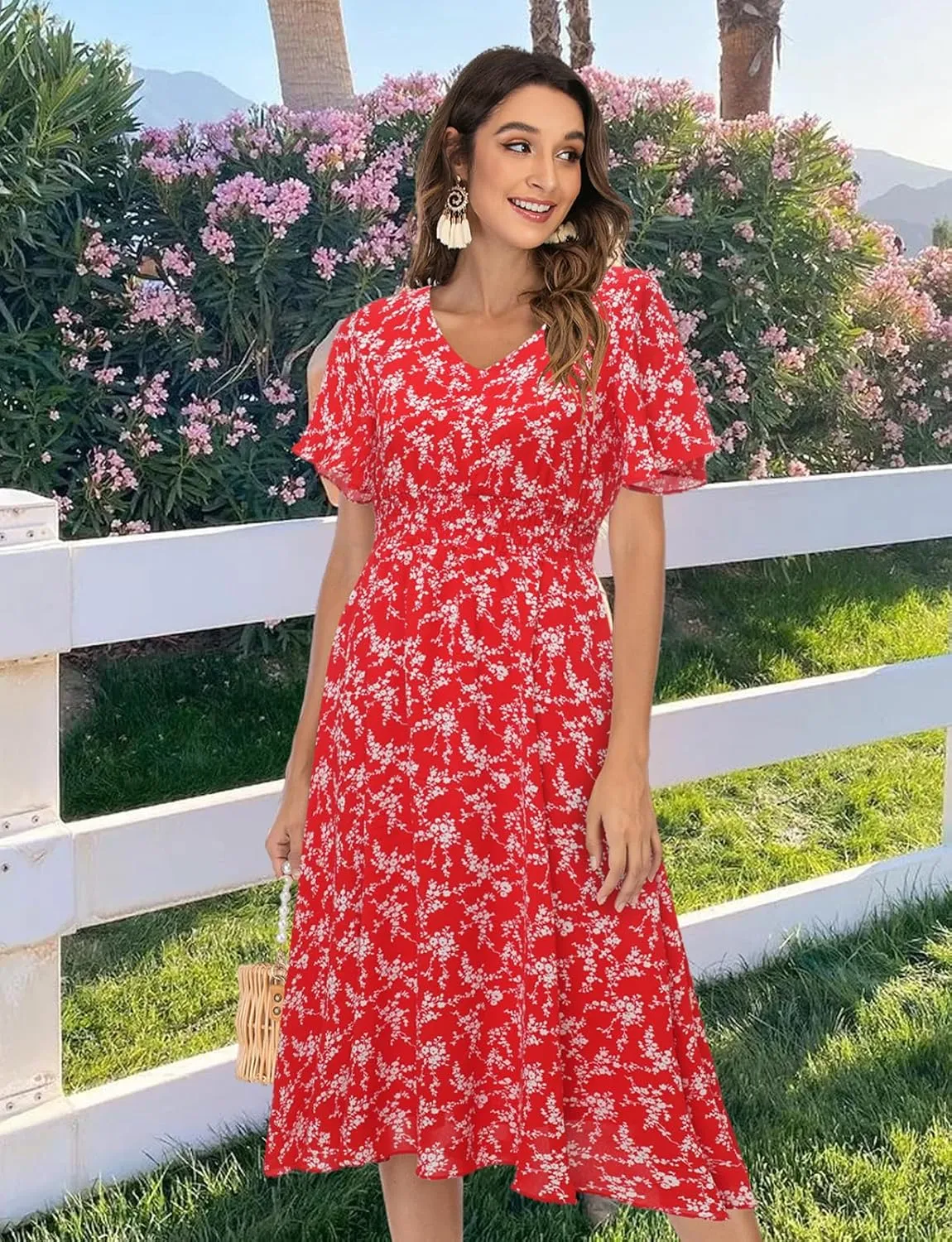 Gardenwed Chiffon Floral Dresses Summer Sun Beach Dresses for Women with Elastic Waist
