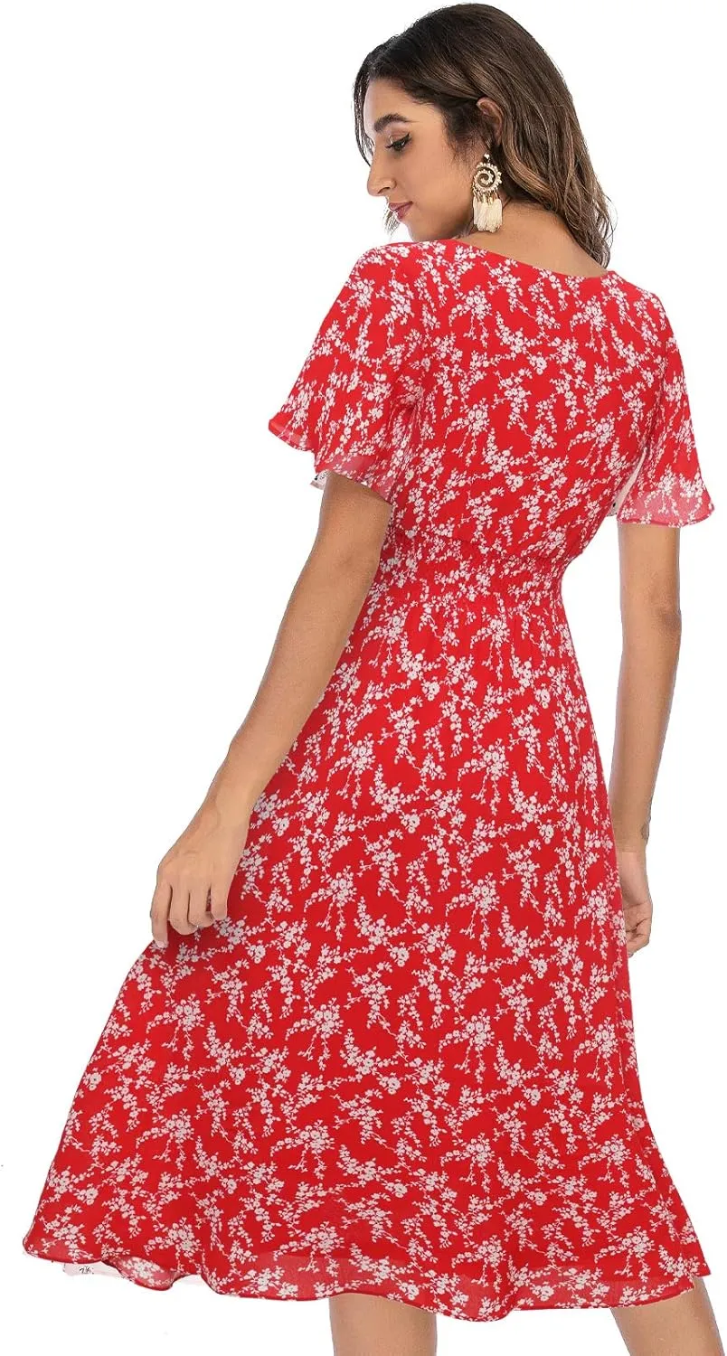 Gardenwed Chiffon Floral Dresses Summer Sun Beach Dresses for Women with Elastic Waist