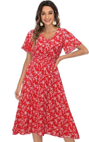 Gardenwed Chiffon Floral Dresses Summer Sun Beach Dresses for Women with Elastic Waist