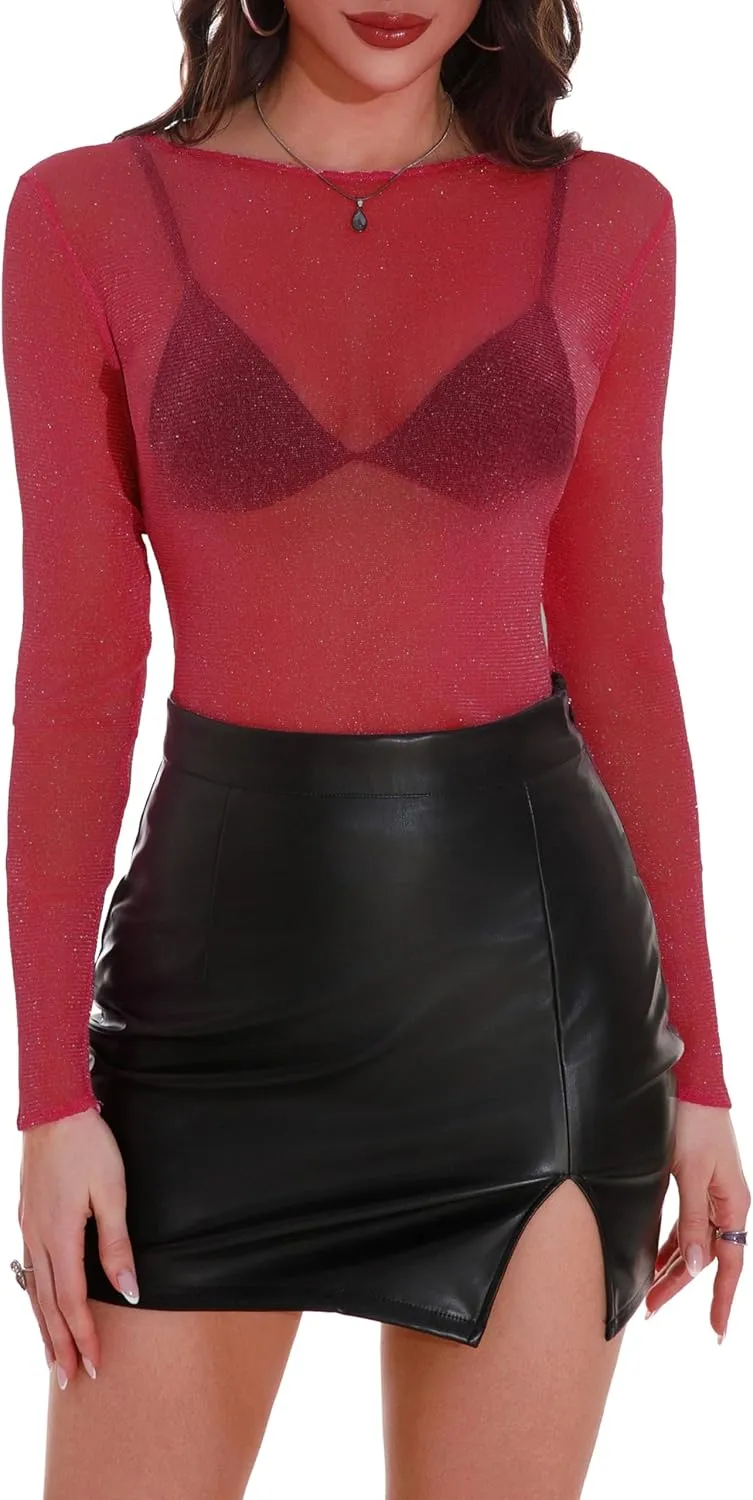 GUANYY Womens Long Sleeve Boat Neck Glitter Tops Sheer Sparkly Blouse Sexy See Through Layering Shirts