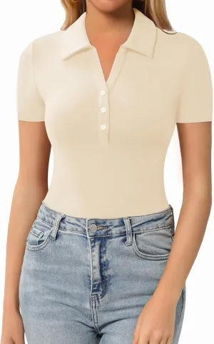 HERLOLLYCHIPS Womens Long Sleeve Short Sleeve Collared Polo Tops V Neck Button Down Fitted Shirts