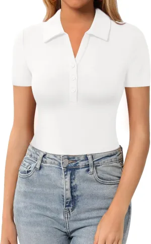 HERLOLLYCHIPS Womens Long Sleeve Short Sleeve Collared Polo Tops V Neck Button Down Fitted Shirts