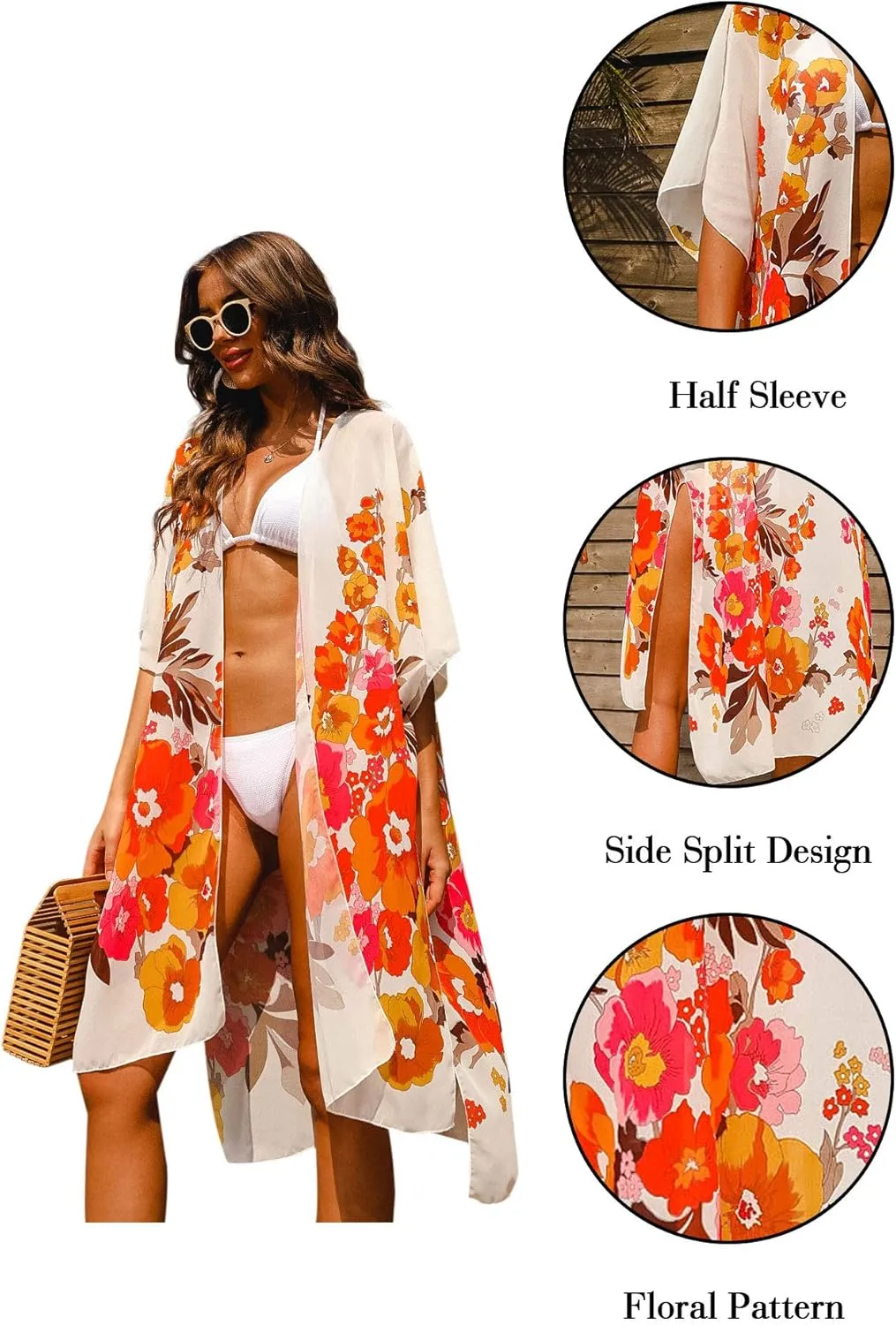 Hibluco Women's Summer Chiffon Floral Kimono Cardigan Long Swimwear Cover Ups