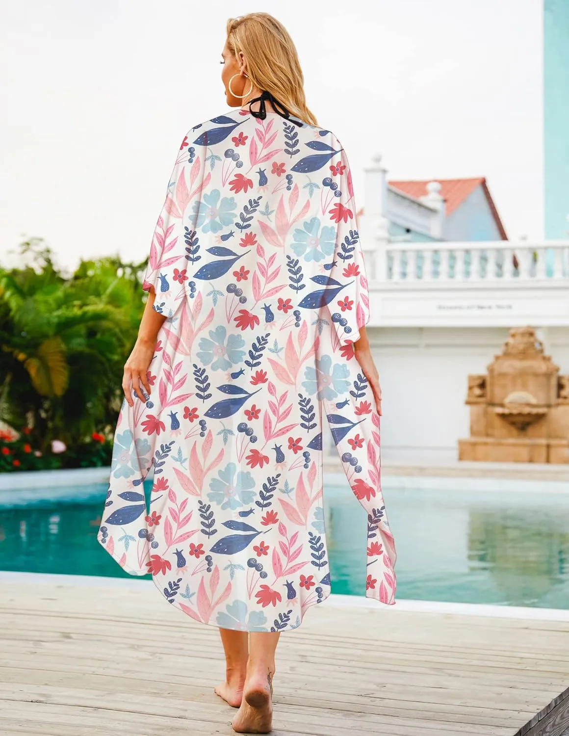 Hibluco Women's Summer Chiffon Floral Kimono Cardigan Long Swimwear Cover Ups