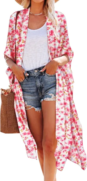 Hibluco Women's Summer Chiffon Floral Kimono Cardigan Long Swimwear Cover Ups