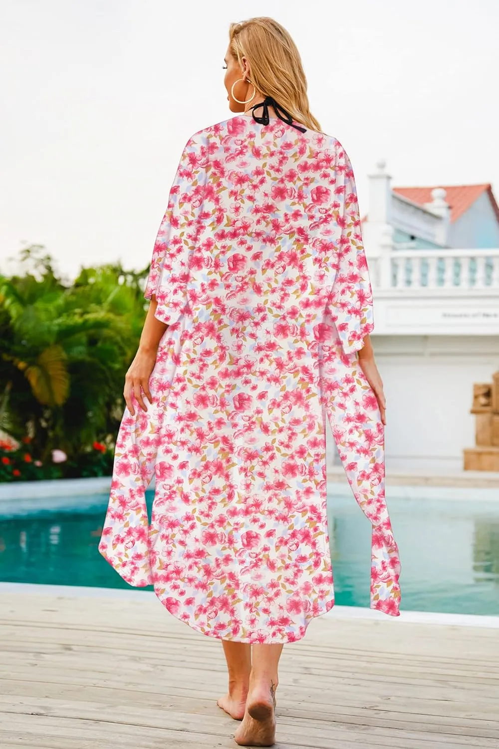 Hibluco Women's Summer Chiffon Floral Kimono Cardigan Long Swimwear Cover Ups