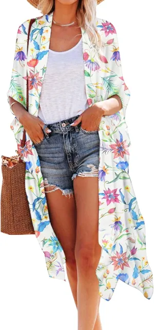 Hibluco Women's Summer Chiffon Floral Kimono Cardigan Long Swimwear Cover Ups