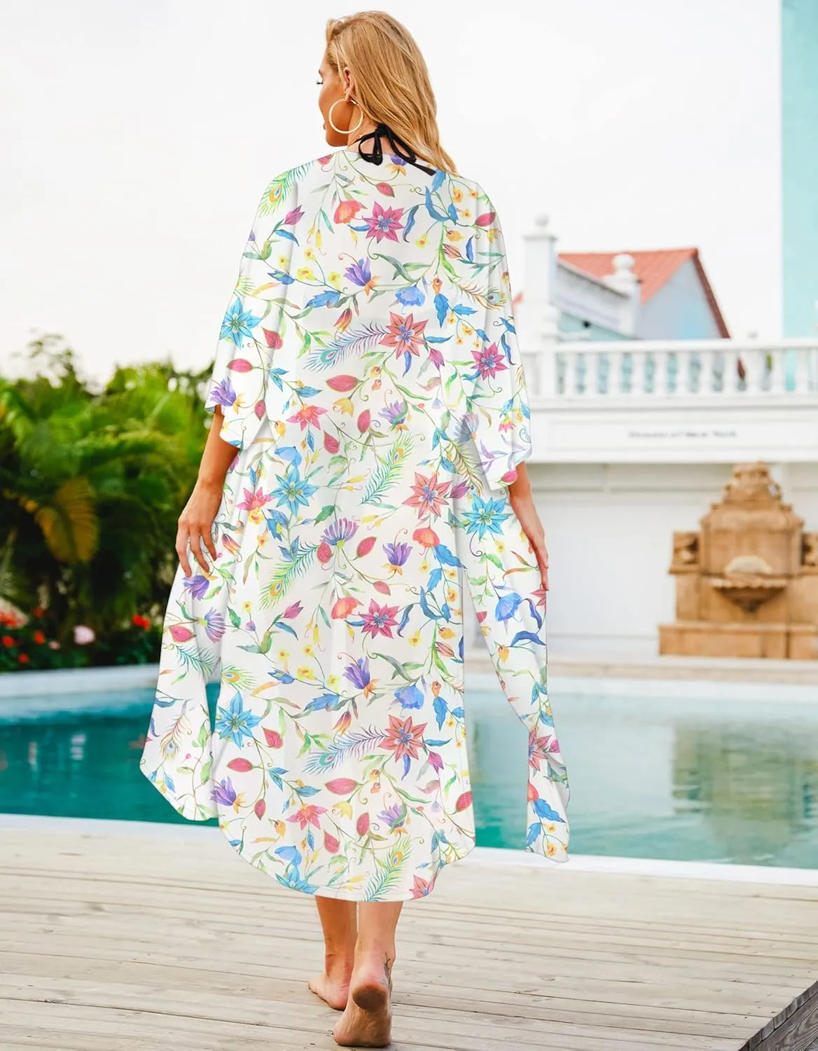 Hibluco Women's Summer Chiffon Floral Kimono Cardigan Long Swimwear Cover Ups