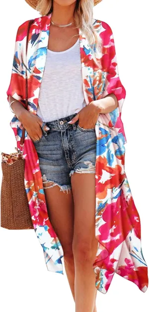 Hibluco Women's Summer Chiffon Floral Kimono Cardigan Long Swimwear Cover Ups