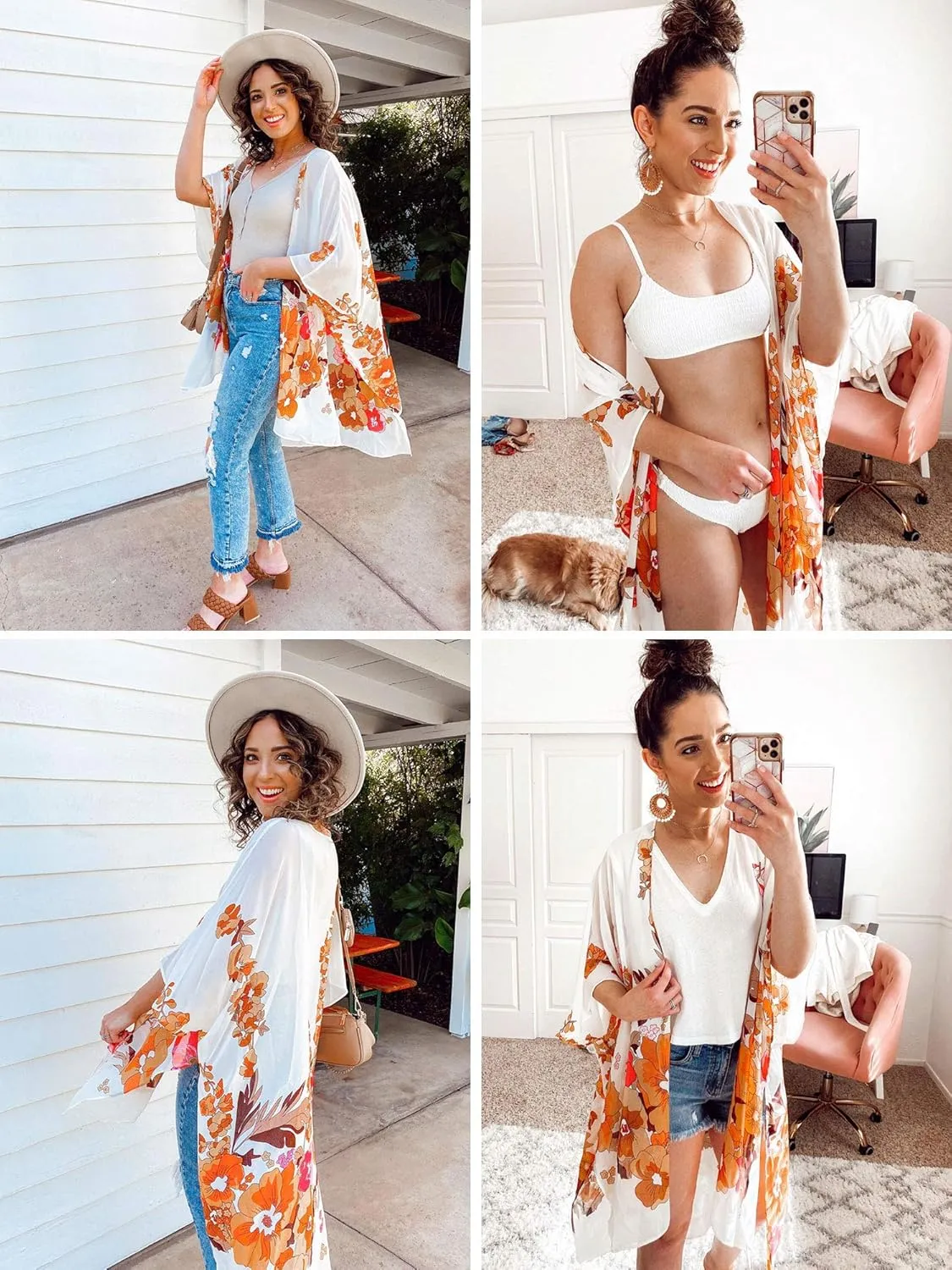 Hibluco Women's Summer Chiffon Floral Kimono Cardigan Long Swimwear Cover Ups