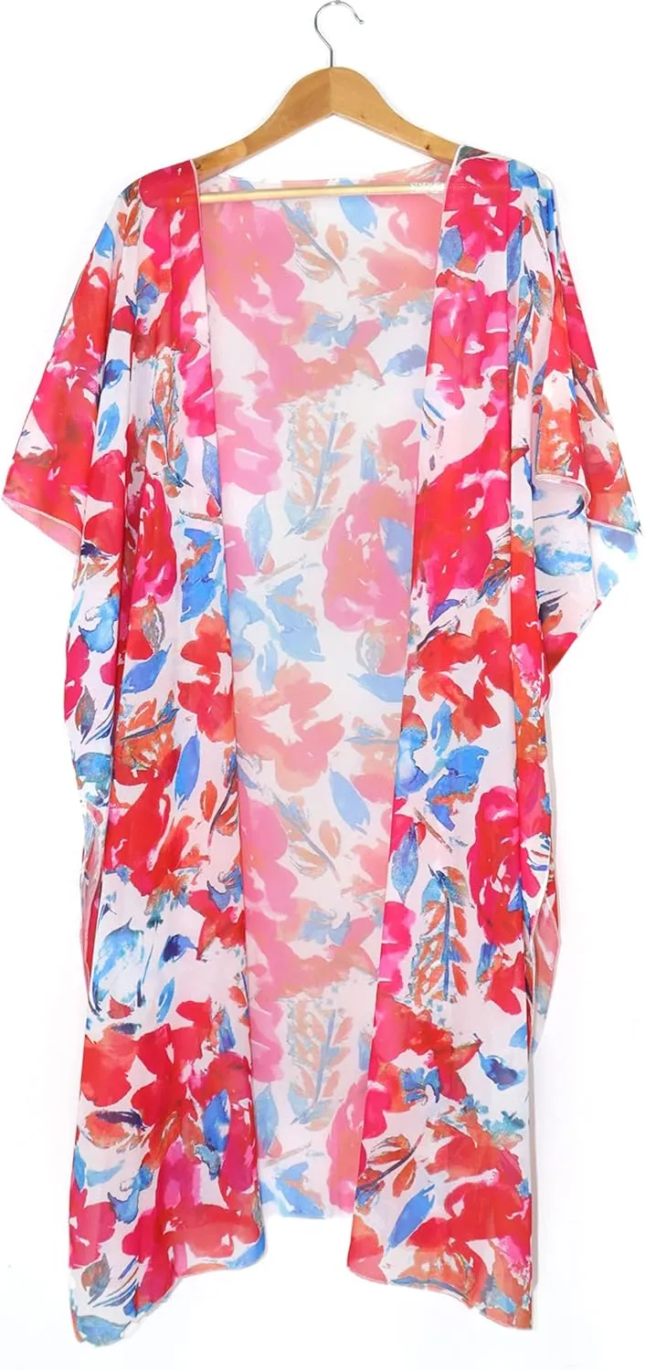 Hibluco Women's Summer Chiffon Floral Kimono Cardigan Long Swimwear Cover Ups