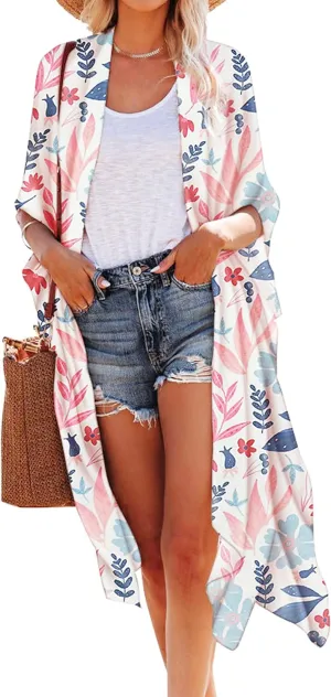 Hibluco Women's Summer Chiffon Floral Kimono Cardigan Long Swimwear Cover Ups
