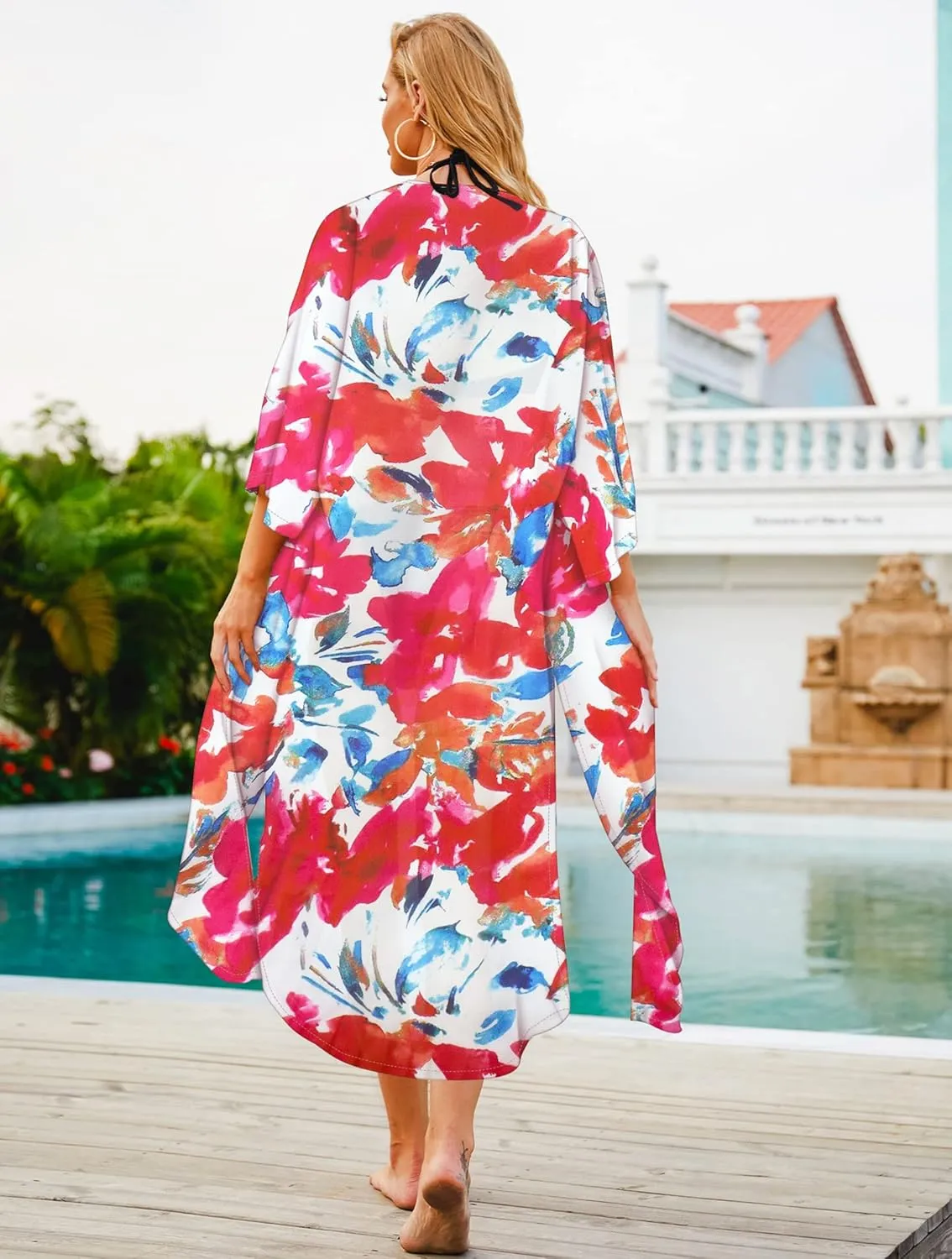 Hibluco Women's Summer Chiffon Floral Kimono Cardigan Long Swimwear Cover Ups