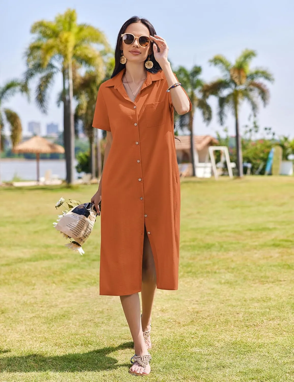 HOTOUCH Womens Summer Dress Casual Midi Short Sleeve Shirt Button Down Loose Beach Dress with Pockets
