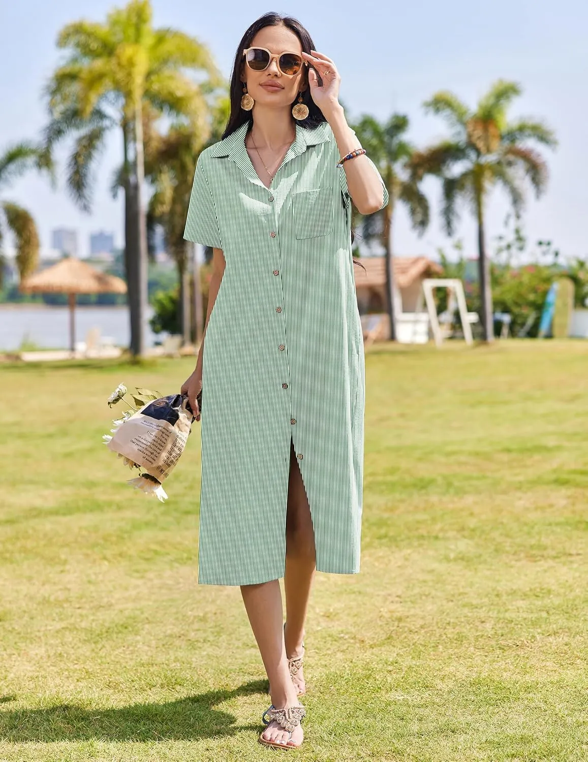HOTOUCH Womens Summer Dress Casual Midi Short Sleeve Shirt Button Down Loose Beach Dress with Pockets