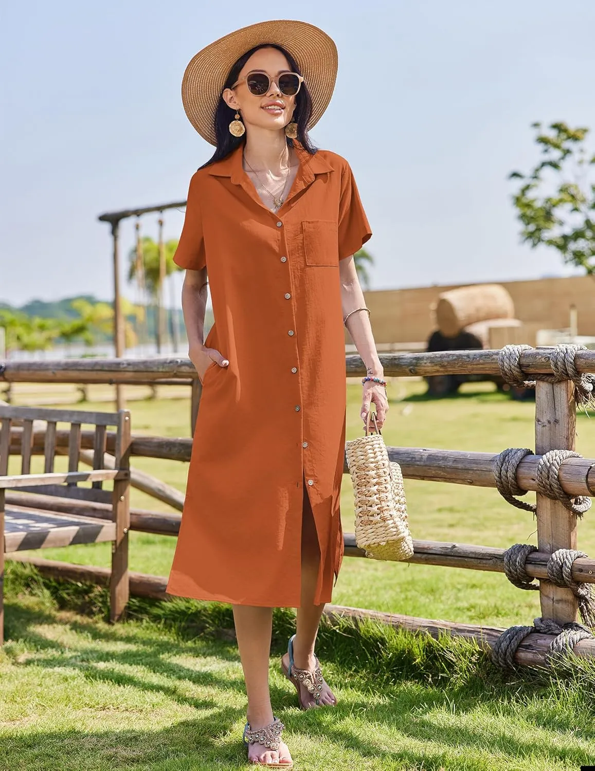 HOTOUCH Womens Summer Dress Casual Midi Short Sleeve Shirt Button Down Loose Beach Dress with Pockets