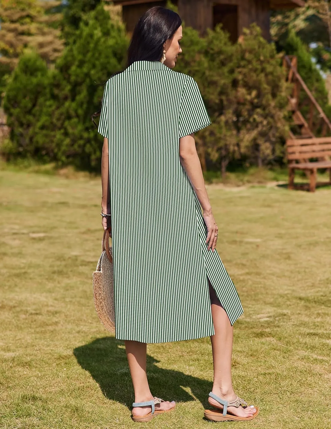HOTOUCH Womens Summer Dress Casual Midi Short Sleeve Shirt Button Down Loose Beach Dress with Pockets