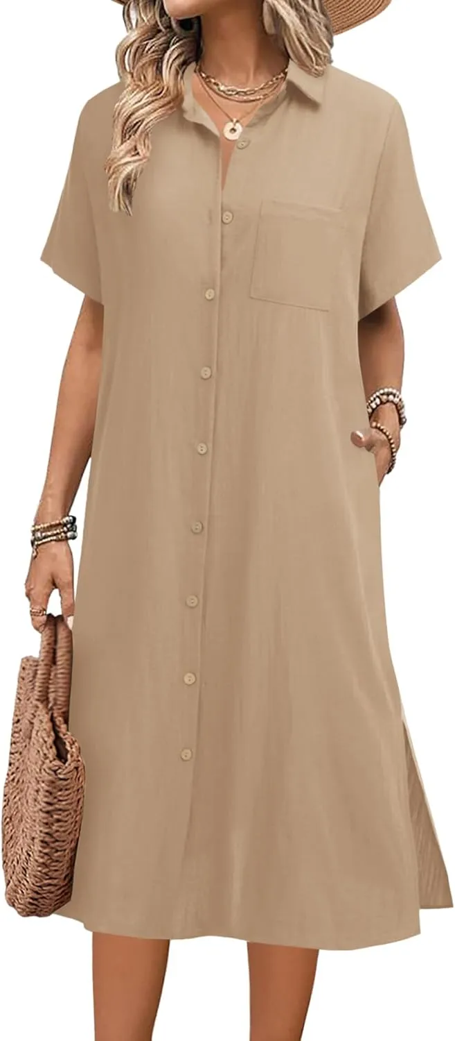HOTOUCH Womens Summer Dress Casual Midi Short Sleeve Shirt Button Down Loose Beach Dress with Pockets