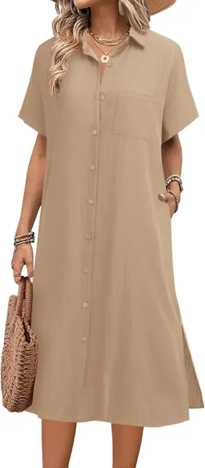 HOTOUCH Womens Summer Dress Casual Midi Short Sleeve Shirt Button Down Loose Beach Dress with Pockets
