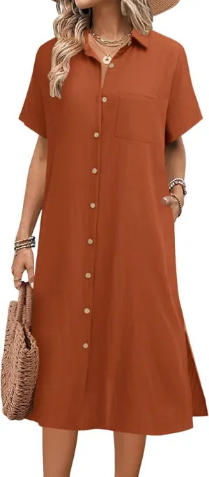 HOTOUCH Womens Summer Dress Casual Midi Short Sleeve Shirt Button Down Loose Beach Dress with Pockets