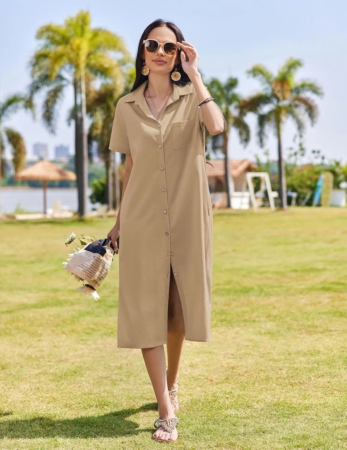 HOTOUCH Womens Summer Dress Casual Midi Short Sleeve Shirt Button Down Loose Beach Dress with Pockets