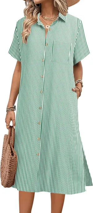 HOTOUCH Womens Summer Dress Casual Midi Short Sleeve Shirt Button Down Loose Beach Dress with Pockets