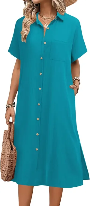 HOTOUCH Womens Summer Dress Casual Midi Short Sleeve Shirt Button Down Loose Beach Dress with Pockets