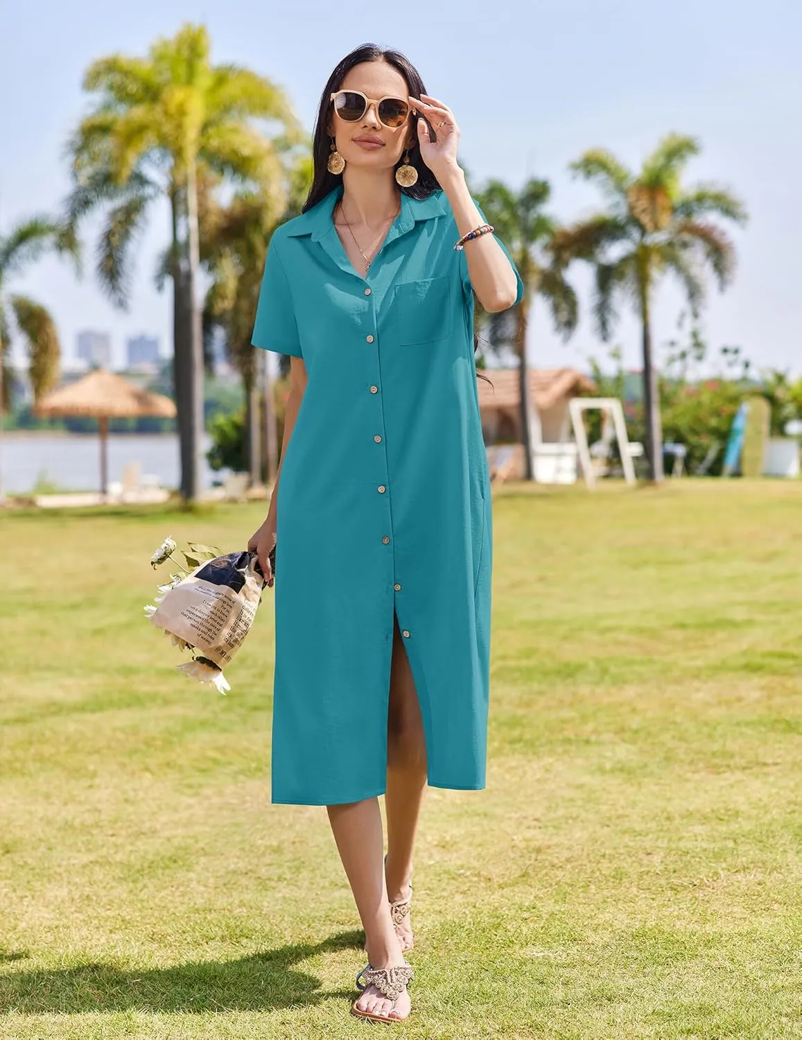 HOTOUCH Womens Summer Dress Casual Midi Short Sleeve Shirt Button Down Loose Beach Dress with Pockets