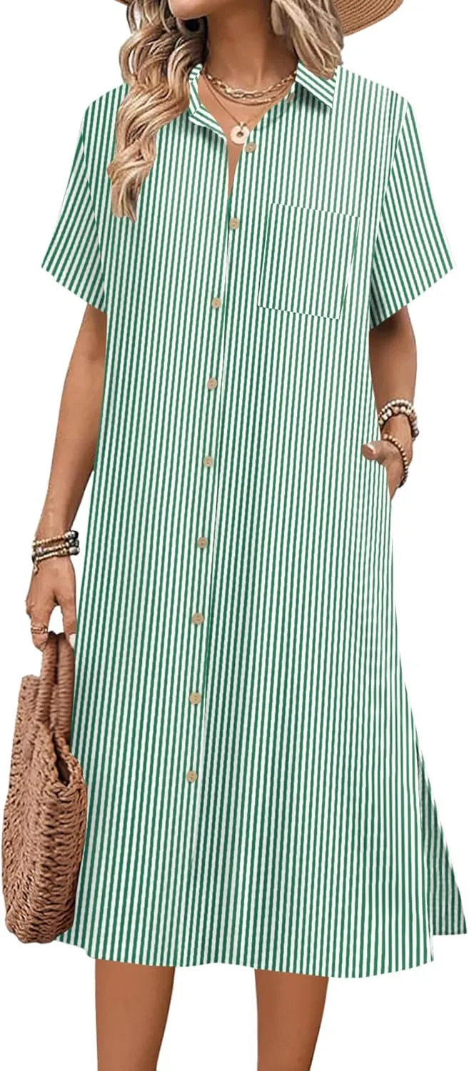 HOTOUCH Womens Summer Dress Casual Midi Short Sleeve Shirt Button Down Loose Beach Dress with Pockets