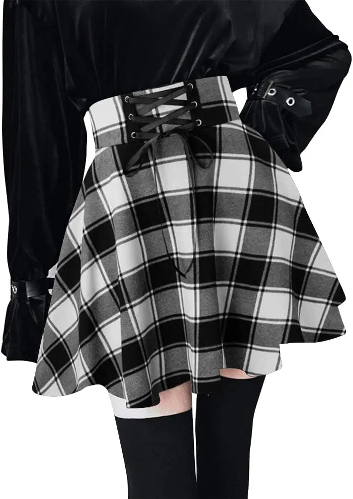 IDEALSANXUN Gothic Plaid Mini Skirts for Women Short High Waist Plaid Skirts