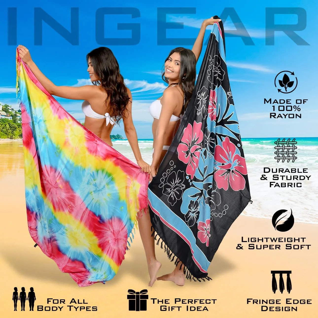 INGEAR Sarong Bathing Suit Cover Up for Women  Long Pareo Beach Wraps, Swimsuit Coverup Skirt, Stylish Bikini Cover Up