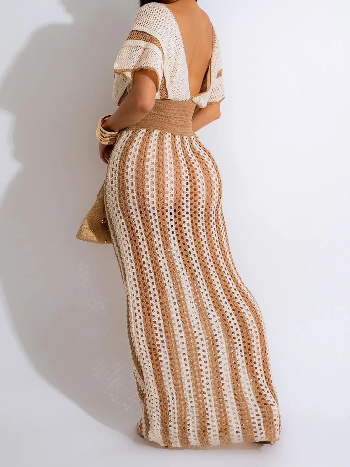KANSOON Crochet Skirt Sets Women 2 Piece Outfits Knit Striped Hollow Out Short Sleeve V Neck Drawstring Top Maxi Skirts Set