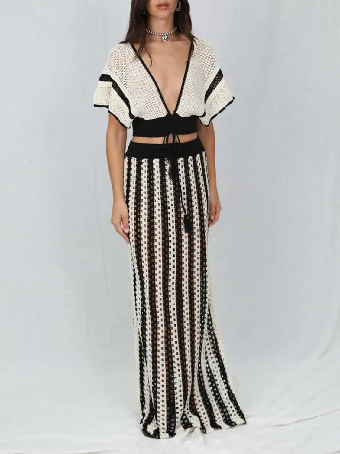KANSOON Crochet Skirt Sets Women 2 Piece Outfits Knit Striped Hollow Out Short Sleeve V Neck Drawstring Top Maxi Skirts Set