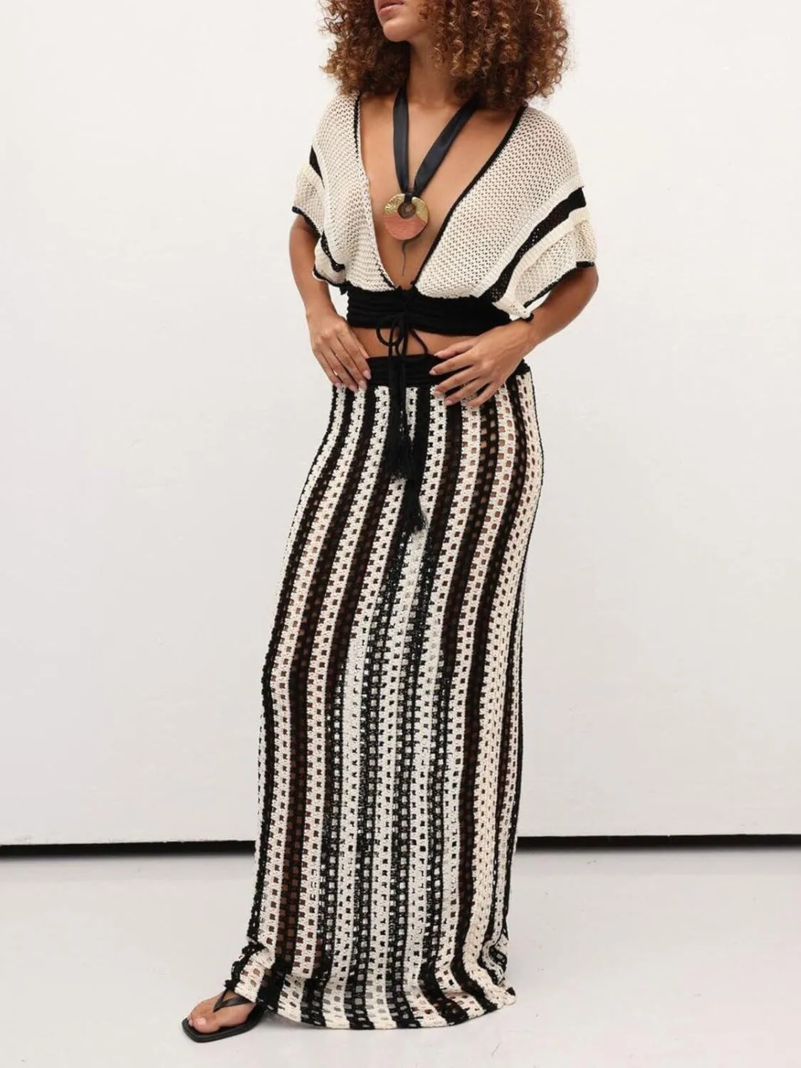 KANSOON Crochet Skirt Sets Women 2 Piece Outfits Knit Striped Hollow Out Short Sleeve V Neck Drawstring Top Maxi Skirts Set